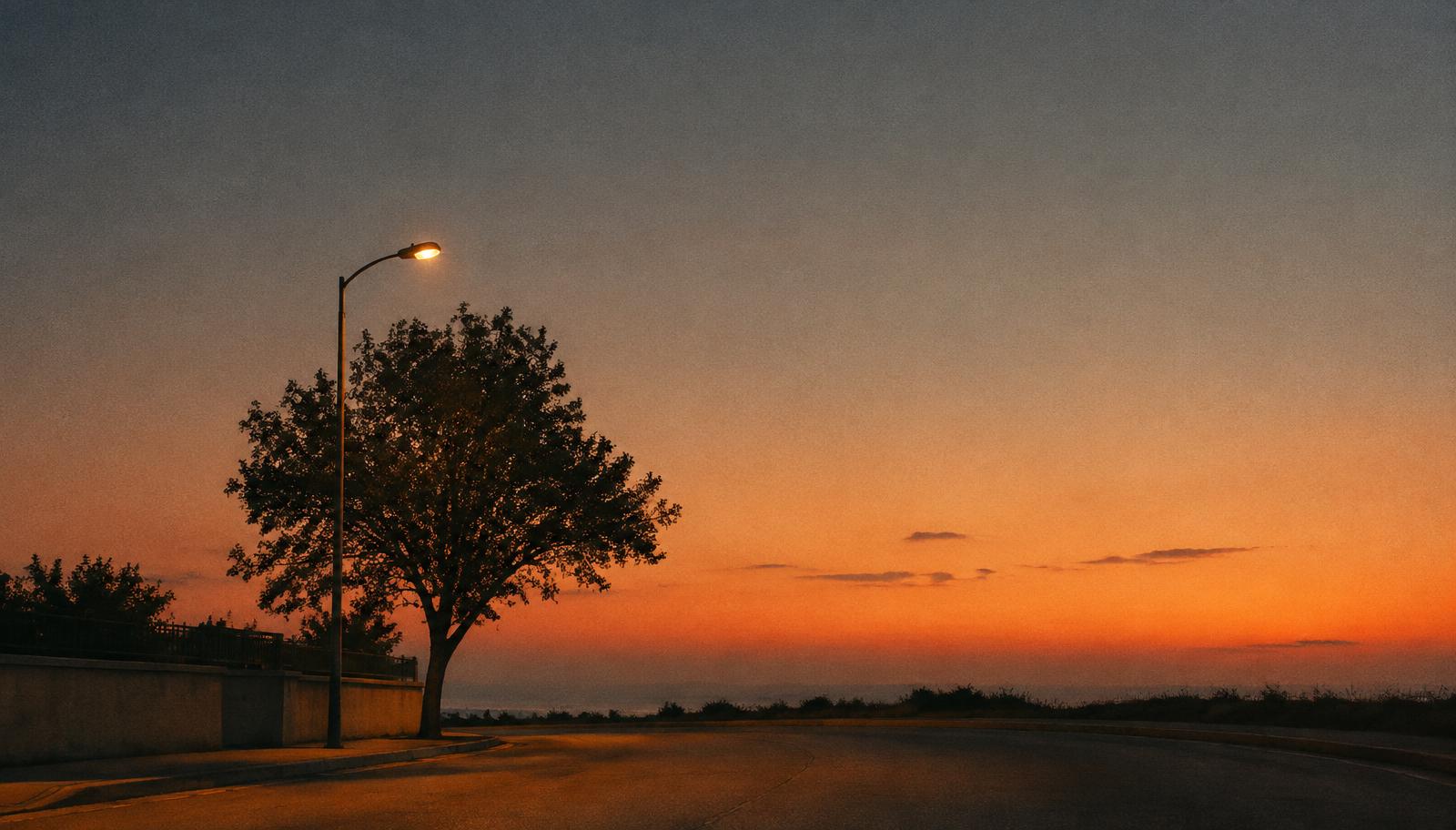 An empty street at dusk with a single tree under a streetlight
